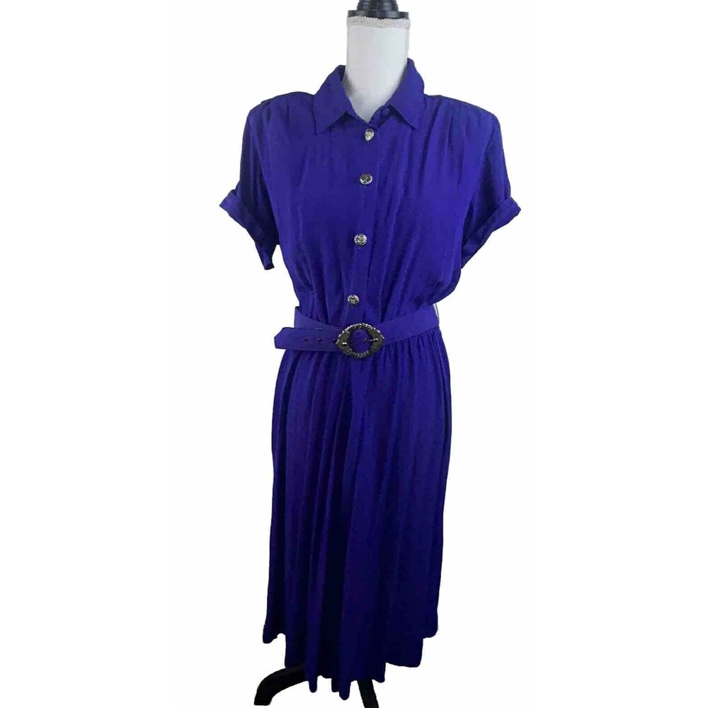 Nina Piccalino Vintage Purple Midi Dress Pleated Belted Shoulder Pads Size 14P
